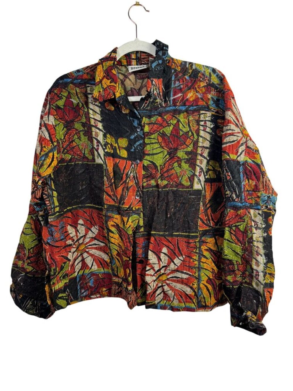 Chicos Design Floral Patchwork Button Up Shirt Size Large Sheer Artsy Lagenlook